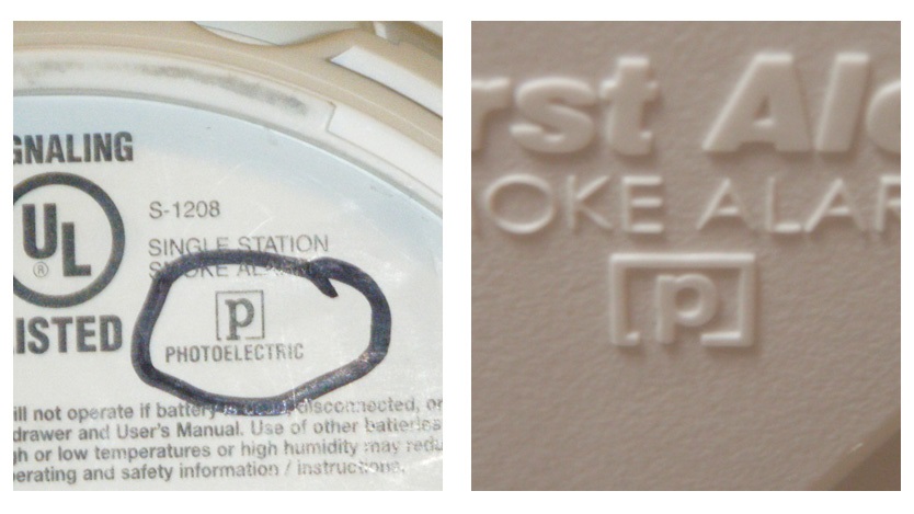 Examples of the P symbol that can be found on photoelectric smoke alarms. 